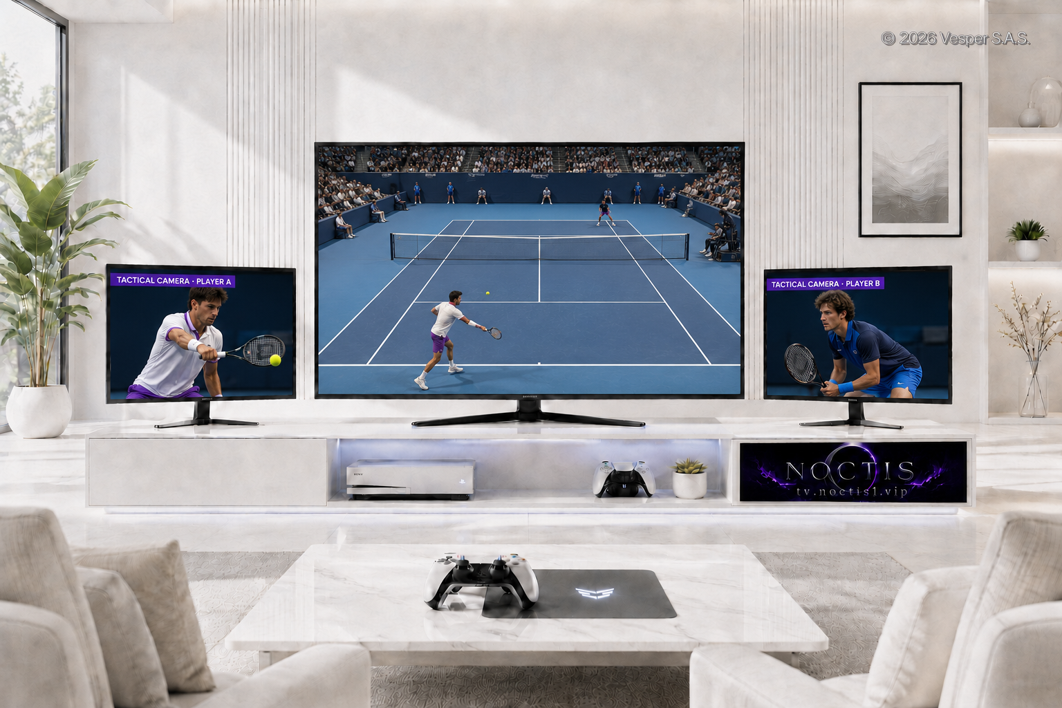 Synchronized Tennis Match Across Three Screens